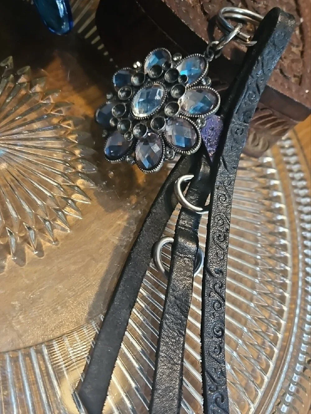 Handmade Genuine Leather Tassel Keychain Purse Charm w Crystal Flower Accent NEW